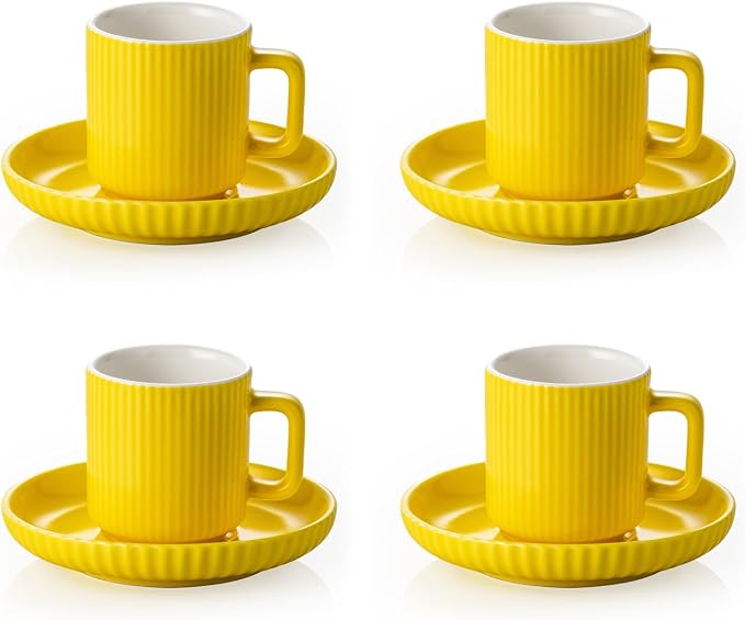 2.5OZ Mini Espresso Cups Set of 4, Yellow Ceramic Demitasse Espresso Mugs with Saucers, Small Coffee Cups for Single/Double Espresso Shots