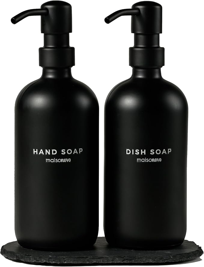MaisoNovo Soap Dispenser 3 Piece Set - 16.9oz Black Bottles with Black Stainless Steel Pump Core