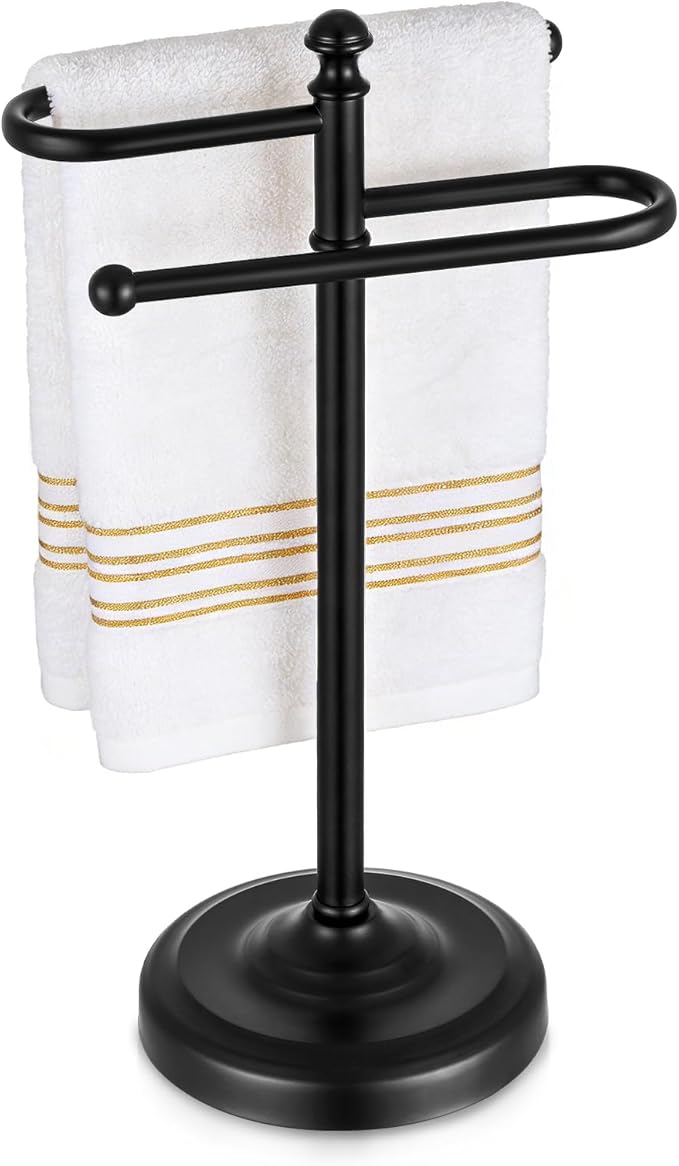 Hand Towel Stand,304 Stainless Steel Hand Towel Holder for Bathroom Kitchen Counter，14.5 Inch S-Shape Weighted Base Standing Hand Towel Rack Bar Holds 2 Towels (Black)