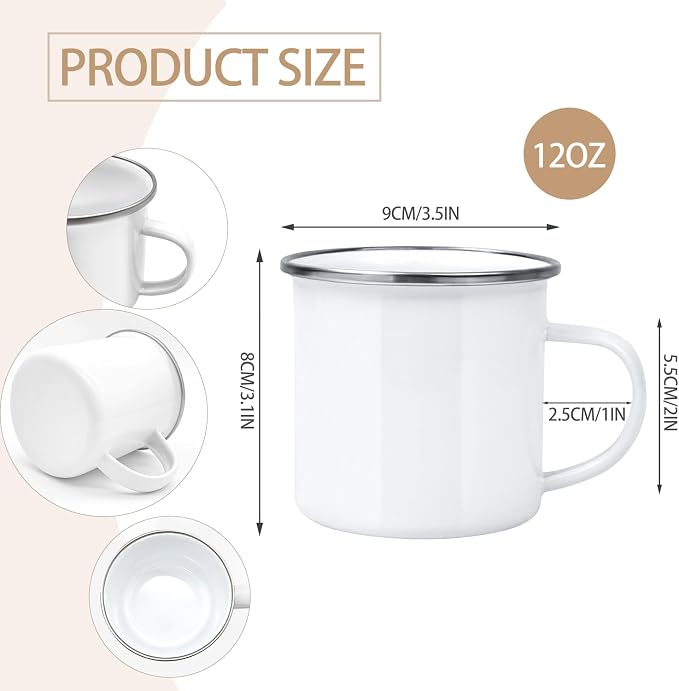 YOUKE OLA 24 Pack Sublimation Blanks Enamel Mug Camping Outdoor Coffee Travel Metal Mug with Silver Rim for Heat Transfer DIY Gift White 12oz
