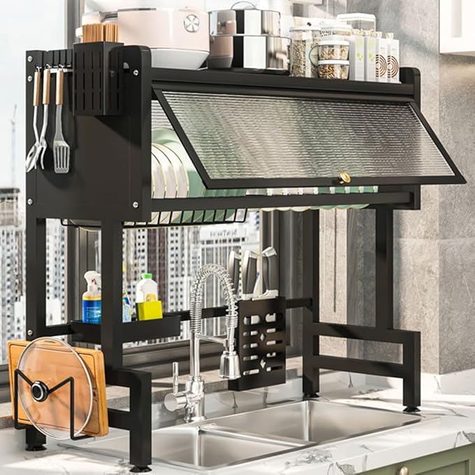 Dish Drying Rack, 3-Tier Over The Sink Dish Drying Rack, 33.5" Over Sink Dish Rack for Small Kitchen, Space-Saving Dish Rack with Cover for Dishes, Glasses, Bowls, Cutlery