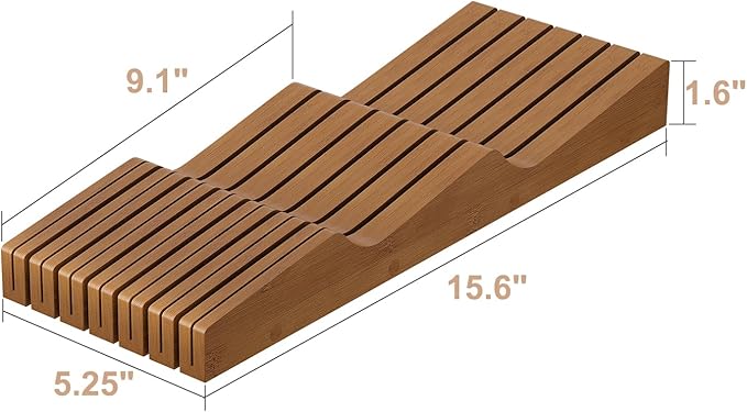 In-Drawer Knife Block Organizer - Bamboo Wood Drawer Knife Organizer-Protecting Knife Organizer Block (Not Included) (Brown, 13 Knives Dock)