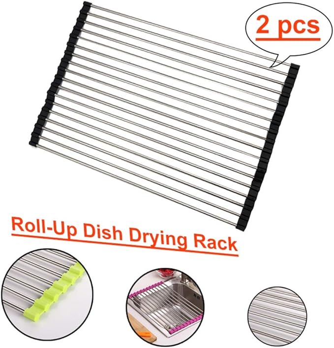 Rollable Dish Drying Rack Roll Up Foldable Dish Racks，Multipurpose Anti-Corrosion 304 Stainless Steel Over Sink Kitchen Sink Drainer Rack for Cups Fruits Vegetables(Black,47 * 28cm)