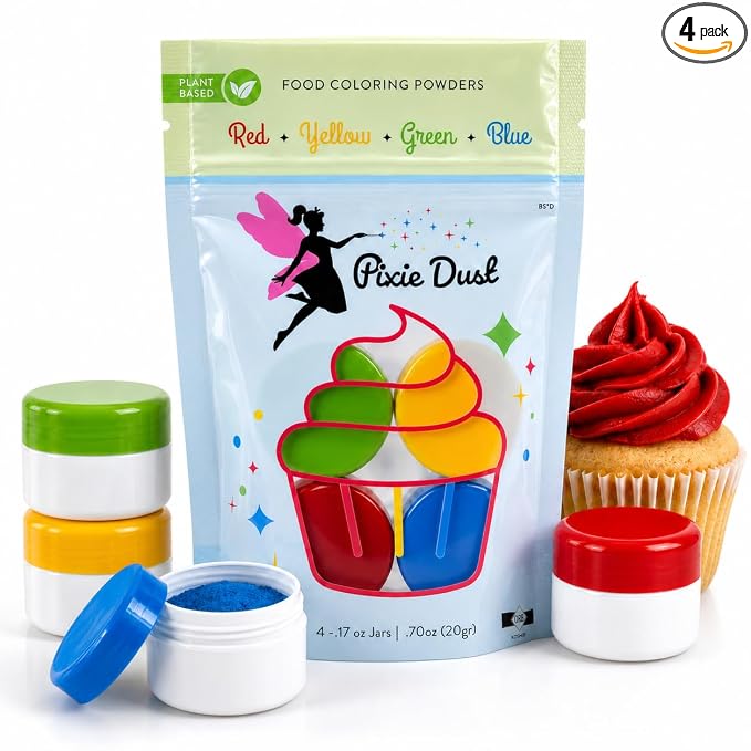 Pixie Dust Natural Food Coloring Powder Set of 4, Red, Yellow, Blue, Green, Dye Free Plant Based Cake Decorating Colors for Icing, Frosting & Drinks, Flavorless, Kosher, Vegan, Non Toxic, 0.68 oz - 20 gr.