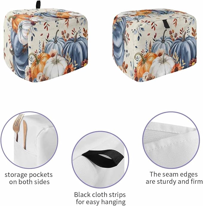 Blue White Pumpkins Fall Toaster Cover 2 Slice, Thanksgiving Leaves Dustproof Bakeware Oven Protector with Top Hook, Autumn Beige Waterproof Small Kitchen Appliance Toasters Dust Cover, 11"x6"x8"