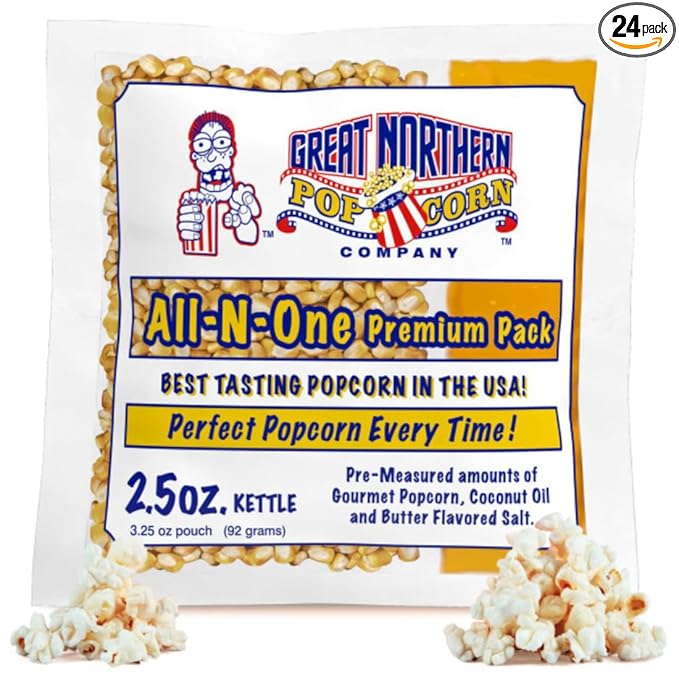 2.5oz Popcorn Machine Popcorn Packets - All-in-One Movie Theater Style Kernels, Salt, and Oil Packs by Great Northern Popcorn (24 Case)