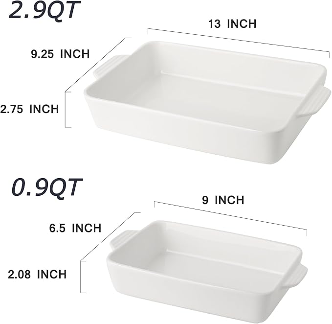 Ceramic Baking Casserole Dish with Handles, Large 9x13 inch Pan and Middle Baking Pan - Porcelain Serving Bakeware Set (White)