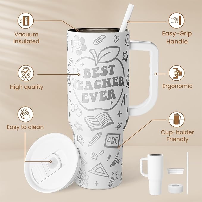 Best Teacher Ever Tumbler 40oz, Stainless Steel Insulated Coffee Travel Cups with Handle, Teacher Appreciation Gifts for Women, Teachers Gift for Valentines Farewell Birthday Christmas Teacher's Day