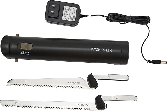Restaurantware-Kitchen Tek Electric Knife Set, 1 Electric Knife With Motorized Handle - Includes 1 Bread And 1 Carving Tool, Ergonomic, Black Plastic Food Cutter With Stainless Steel Blades