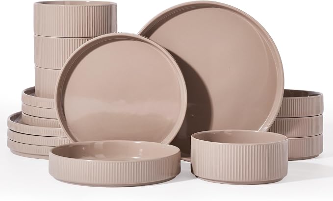 Famiware Star 16-Piece Stoneware Dinnerware Set for 4 – Shallow Pasta Bowls & Flat Plates – Modern Rustic Dishes, Everyday & Formal Use – Chip & Scratch Resistant, Microwave & Dishwasher Safe, Brown