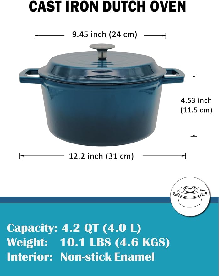 4.2 Quart Cast Iron Dutch Oven with Lid - Enameled Non-Stick Interior, Oven Safe to 500°F, Multi-Stovetop Compatible - Navy Blue