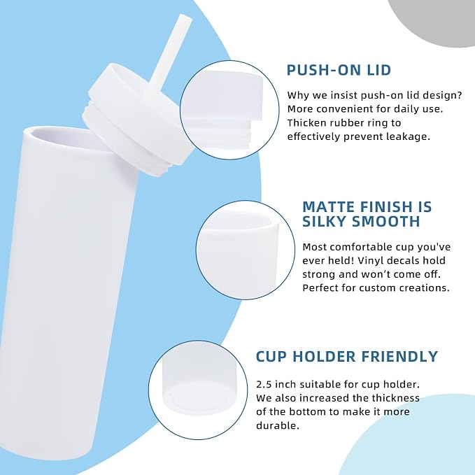 Volhoply 16oz Plastic Skinny Tumbler with Lid and Straw Bulk 8 Pack,Insulated Double Wall BPA Free Matte Acrylic Tumblers,Iced Coffee Travel Mug Reusable Party Cup,Customizable Diy Gifts(Clear,8 Set)
