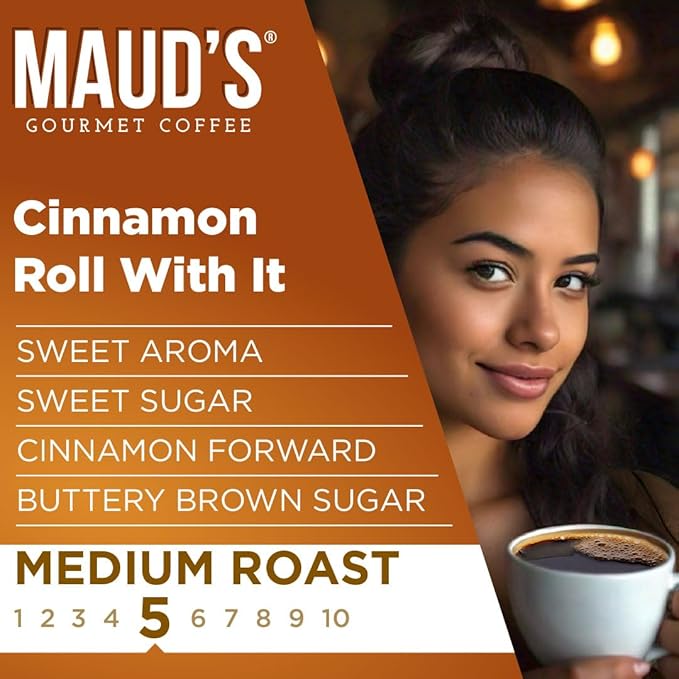 Maud's Cinnamon Roll Flavored Coffee Pods, 18 ct, Medium Roast Flavored Coffee in Single Serve Pods – 100% Arabica Beans, Compatible with Keurig K Cups Maker