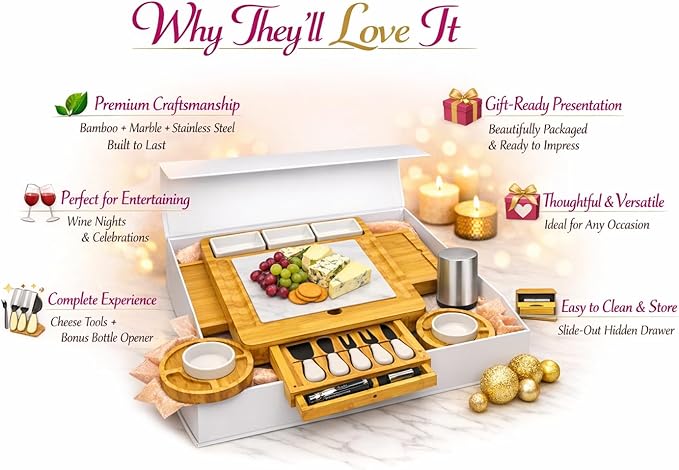 Charcuterie Board Set with Drawer & Bowls, Bamboo Cheese Board with Knife Set & Stainless Steel Bottle Opener, Large Serving Board for Entertaining, Housewarming & Wedding Gifts