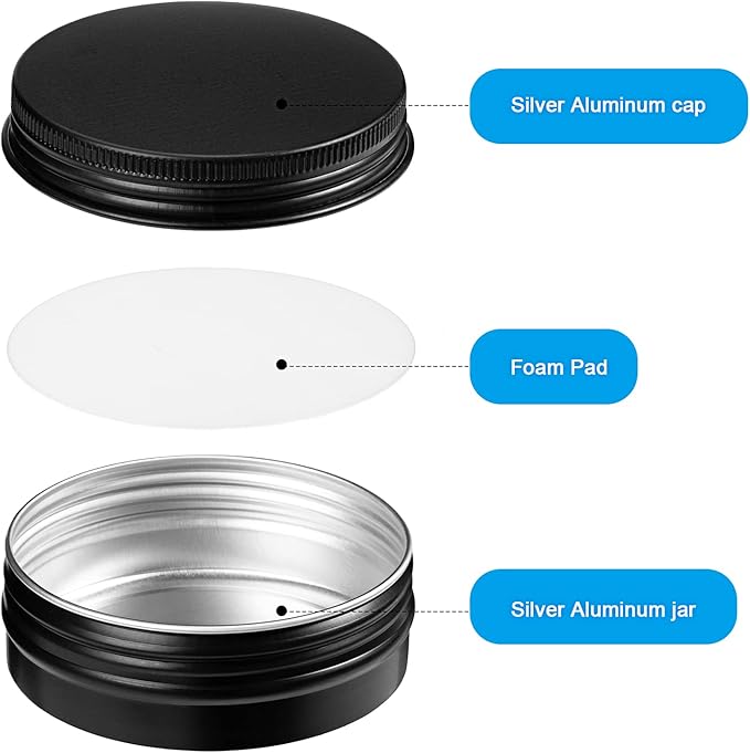 Patelai 2 oz Black Metal Round Tins Aluminum Tin Cans Salve Tins Containers with Screw Lid 10 Sheets Stickers for Salve Spice Candies Balms Candles, 36 Pack (Classic Style)