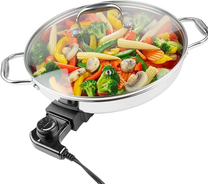 CucinaPro Electric Skillet, 18/10 Stainless Steel Pan, Tempered Glass Lid | Frying Pan with Top and Handles, 12" Round, Adjustable Temperature Control Knob, Portable with Recipes, Large Family Meals