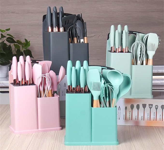 19 Pieces Kitchen Utensil and Knife Set with Storage, with 11 Piece Silicone Cooking Utensils Set 5 ieces Sharp Stainless Steel Chef Knives Scissors Whisk Tongs and Cutting Board, Black
