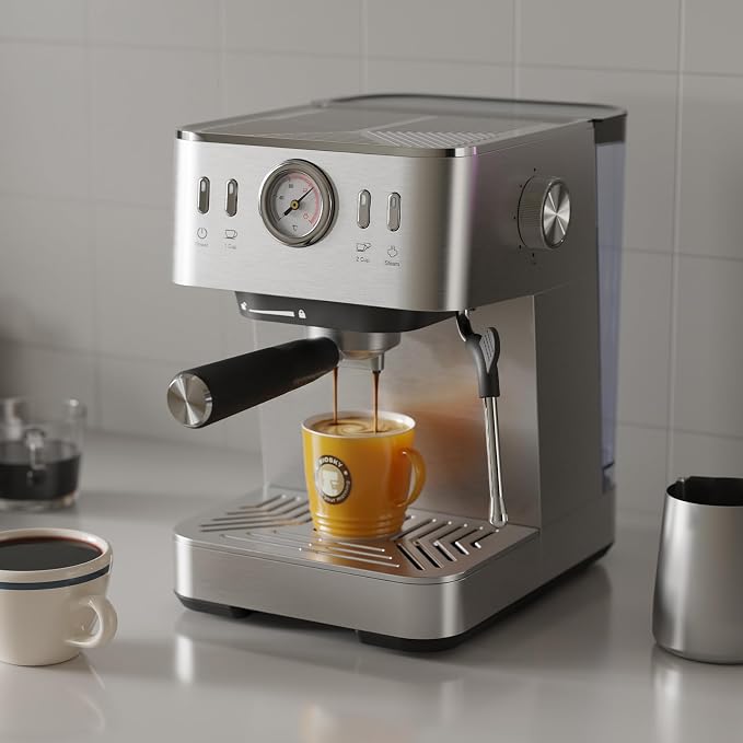 Espresso Machine with Temperature Display, 20 Bar Stainless Steel Espresso Maker with Milk Frother, Small Cappuccino & Latte Machine with 50oz Removable Water Tank for Home, Silver