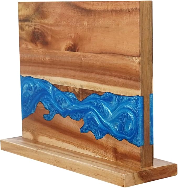Ocean Magnetic Knife Block, Acacia Wood Knife Holder Stand with Strong Magnets, Double Side Knife Storage Rack for Kitchen (Blue)