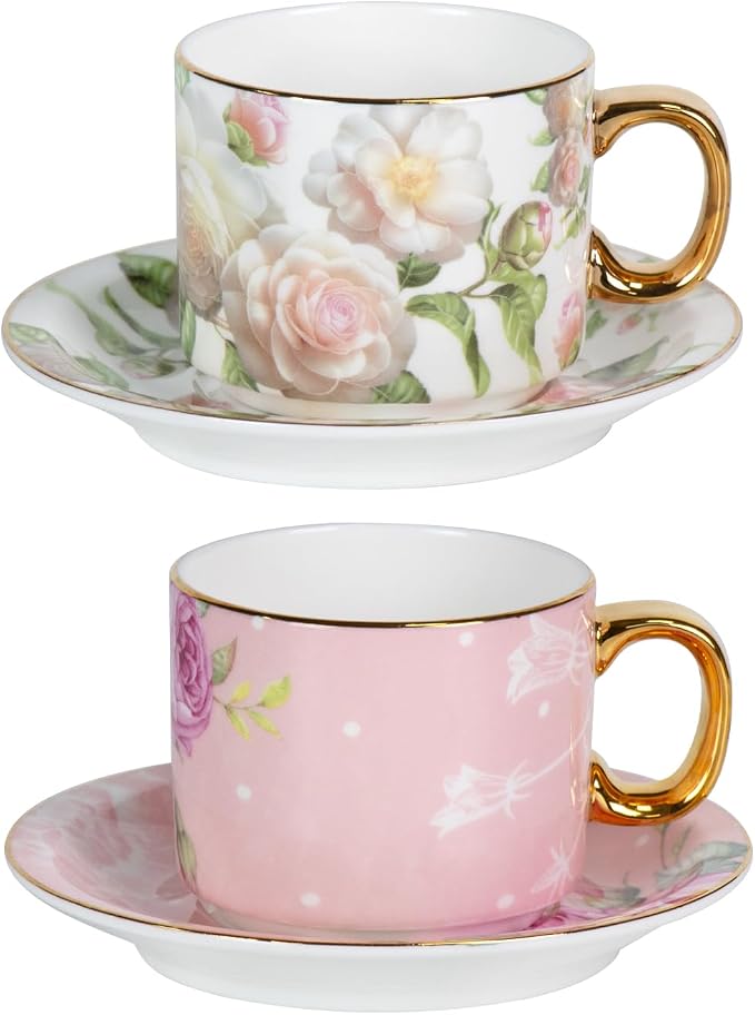 KAMMAK Tea Cups and Saucers Set of 2, Porcelain Coffee Cups, Stackable Espresso Mugs, Ceramic Demitasse for Coffee, Cappuccino, Latte, Americano, Tea, White Rose + Beauty Rose