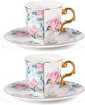 KAMMAK Tea Cups and Saucers Set of 2, Porcelain Coffee Cups, 4-Ounce Stackable Espresso Mugs, Ceramic Demitasse for Coffee, Latte, Americano, Tea, Western Peony