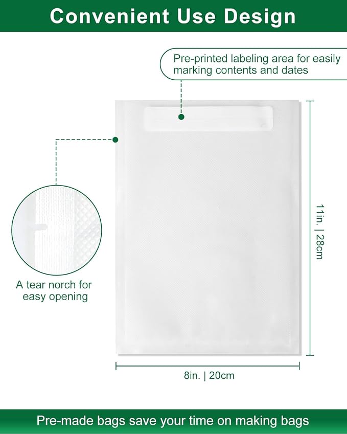 Quart Vacuum Sealer Bags for Food, 8x11 Inch, BPA Free Heavy Duty Vacuum Seal Bags for Food Saver, Freezer, Seal a Meal, Sous Vide, Meal Prep, Preprinted Labeling Area, Precut 100 count