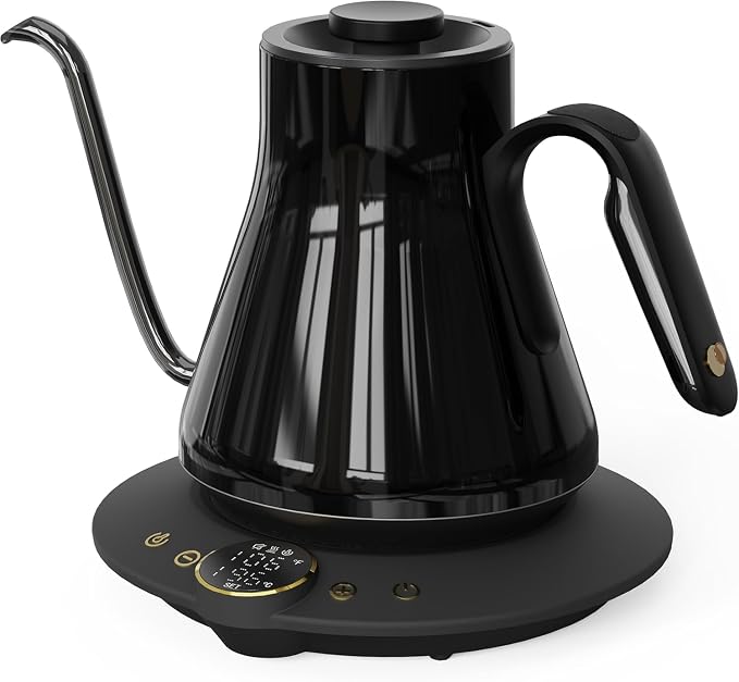 INTASTING Gooseneck Electric Kettle with ±1℉ Temperature Control for Pour Over Coffee & Tea, Quick Heating, BPA-Free Stainless Steel, Built-in Brew Timer, 1500W/0.9L (Soulages Black)