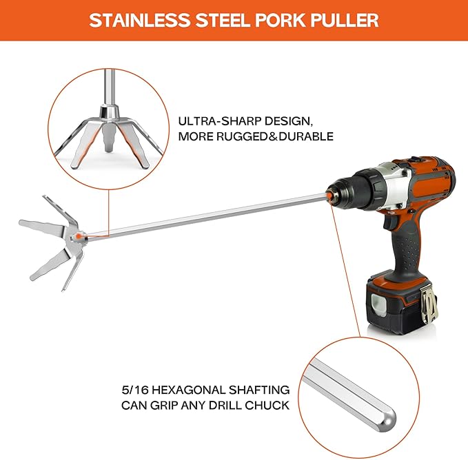 onlyfire 4 Inch Stainless Steel Pork Puller, Ultra-Sharp Meat Fork Meat Shredder Used with Standard Hand Drill for Beef, Chicken, Potato Masher and Tamale Meat