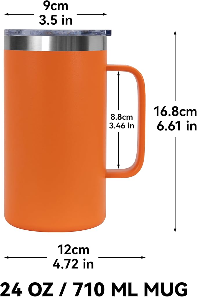DOMICARE 24oz Mug with Handle and Lid, Stainless Steel Coffee Mug, Reusable Insulated Cup, Travel Mug with Handle, Double Wall Vacuum Coffee Tumbler for Men and Women, Orange, Pack 1