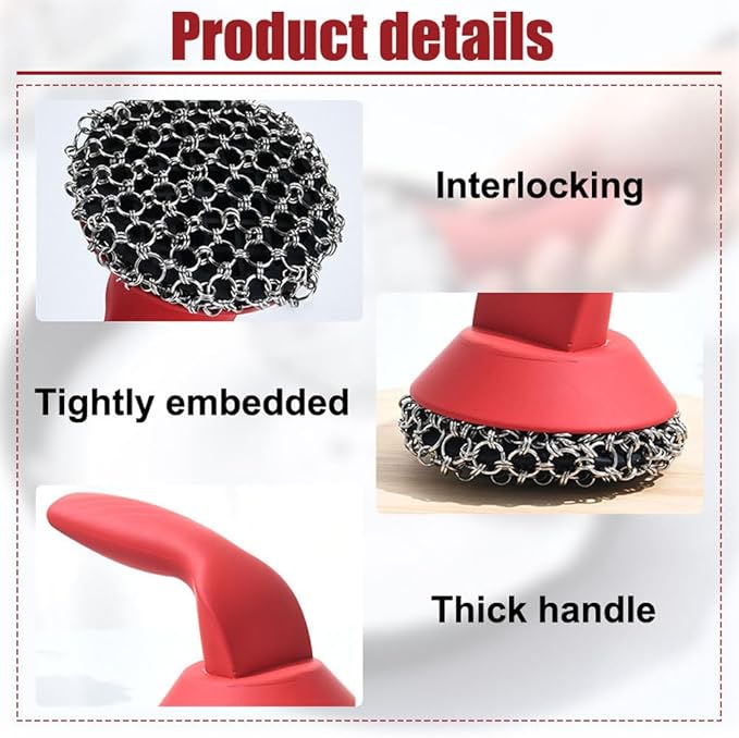 Cast Iron Cleaner, Stainless Steel Cast Iron Scrubber with Silicone Handle, Portable Kitchen Cleaning Brush for Kitchen Pots Pans Sink