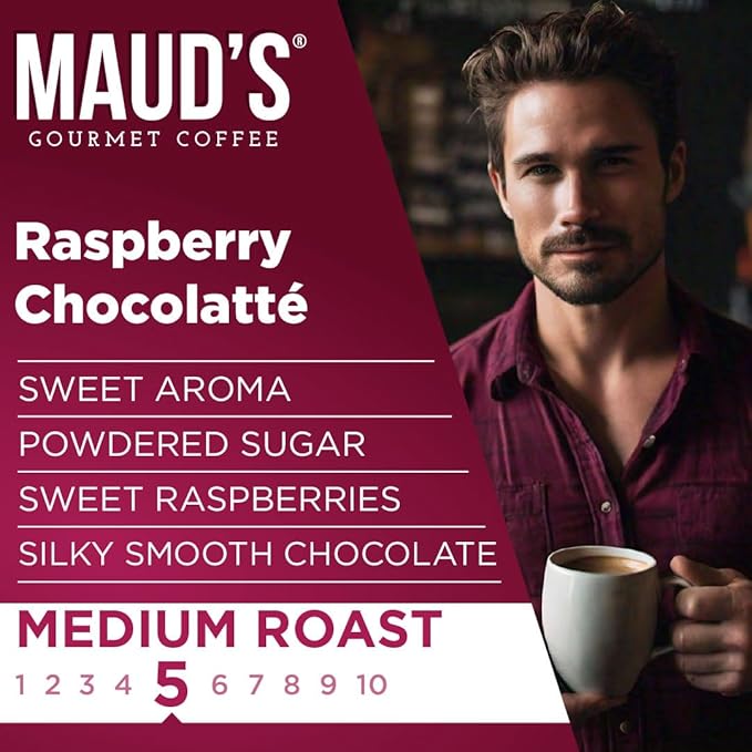 Maud's Raspberry Chocolate Flavored Coffee Pods, 18 ct, Medium Roast Flavored Coffee in Single Serve Pods – 100% Arabica Beans, Compatible with Keurig K Cups Maker