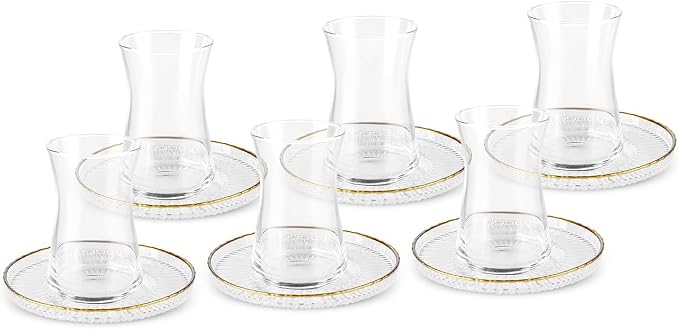 KARACA Nilufer 12-Piece Turkish Tea Glass & Saucer Set, 5.7 oz (170 ml) Gold Trim Clear Glass Tea Service for 6 People, Geometric Pattern Tulip Teacups with Saucers, Hand Wash Recommended