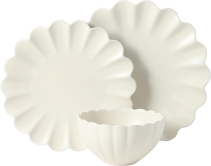 Gibson Elite Bistro Fleur Plates and Bowls Sets, 12-Piece Stoneware Dinnerware Set for 4, Ivory White Scalloped Dish Set with Dinner Plates, Salad Plates & Bowls