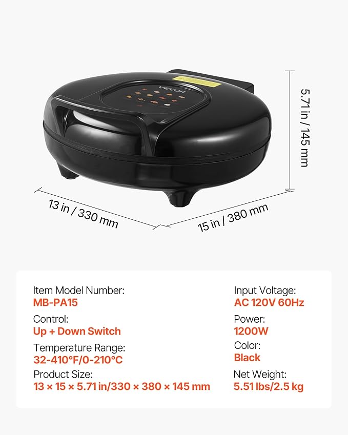 VEVOR Pizza Oven, 12 in Electric Pizza Maker, 1200W Electric Pizzas Cooker with Non-Stick Coating, 180° Open for Dual Side Baking, Heats up to 410 ˚F, Multi-Function Cooking, for Pizzas, Barbecue