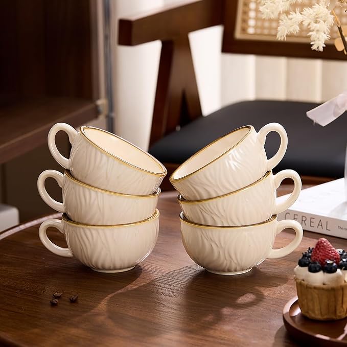 Coffeezone Set of 6 Vintage Design 12 oz Professional Barista Ceramic Latte Art Cappuccino Cups Set (Wave Beige)