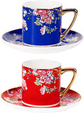 KAMMAK Tea Cups and Saucers Set of 2, Porcelain Coffee Cups with Saucer for Espresso, Cappuccino, 7.4oz Vintage Red and Blue Ceramic Novelty Mug for Home, Tea Party, Office, 631+632N