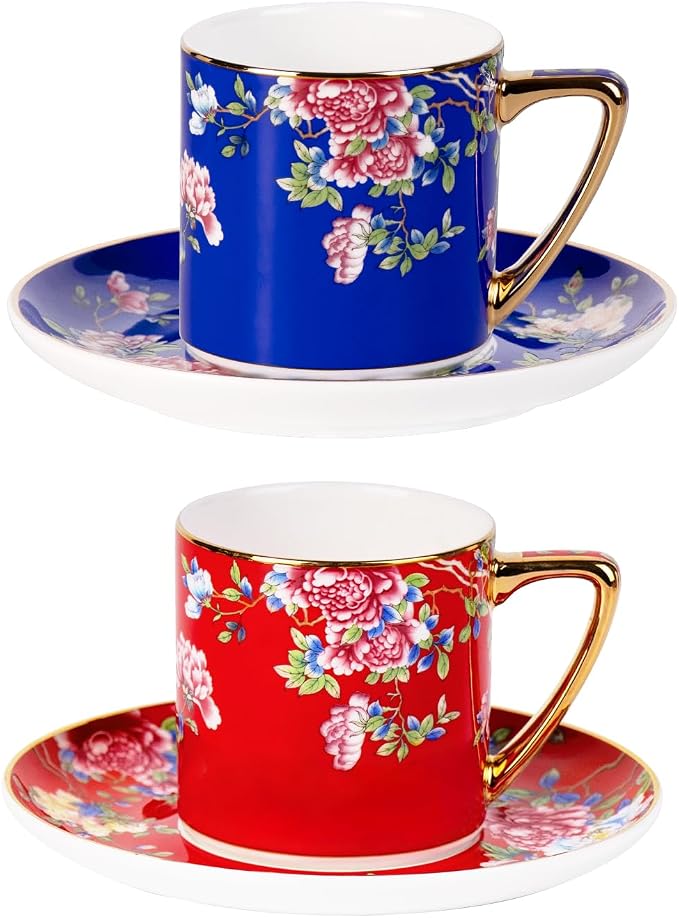 KAMMAK Tea Cups and Saucers Set of 2, Porcelain Coffee Cups with Saucer for Espresso, Cappuccino, 7.4oz Vintage Red and Blue Ceramic Novelty Mug for Home, Tea Party, Office, 631+632N
