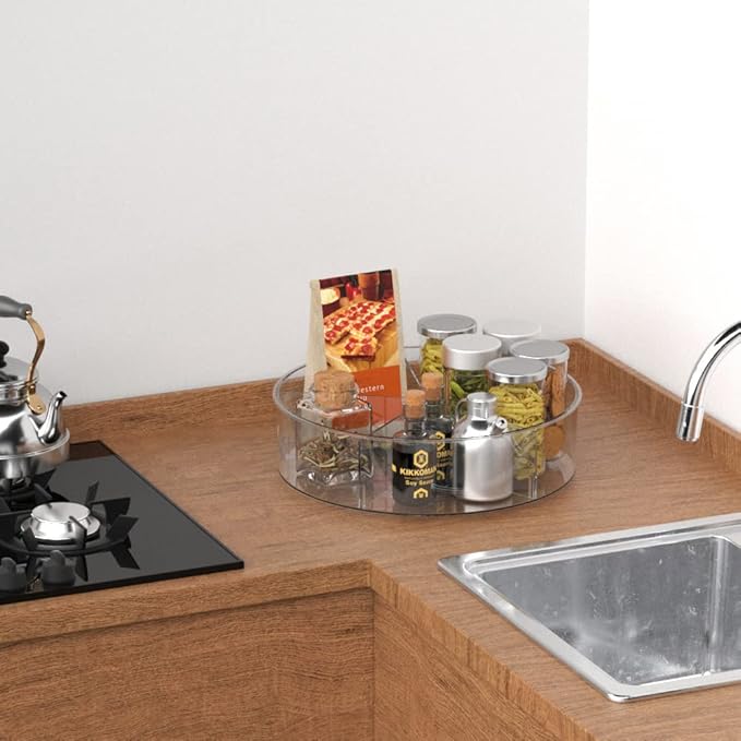 Slideep Lazy Susan Plastic Turntable Divided Spinner for Kitchen Cabinet, Pantry, Fridge, Cupboard, Counter Organizing Fully Rotating Organizer for Food, Spices, and Condiments, 11.5" Clear - 2 Pack
