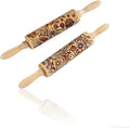2 Pack Wooden Embossed Rolling Pin with Handles, Hardwood Dough Roller with Engraved Patterns, Kitchen Essential for Baking Pizza, Pies, Pastry, Cookies & Decorative Dough