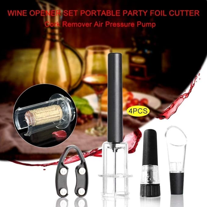 qiuqiu Bottle Opener, Air Pressure Wine Opener Set with Wine Pourer, Foil Cutter and Vacuum Stopper,Handheld Portable Cork Remover Pump for Home Resturant Bar