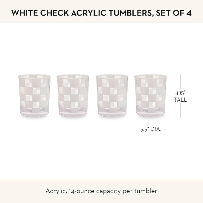 MACKENZIE-CHILDS Set of 4 Acrylic Tumblers, Open Tumbler Cups, Acrylic Cups, 14 Ounces, White Check