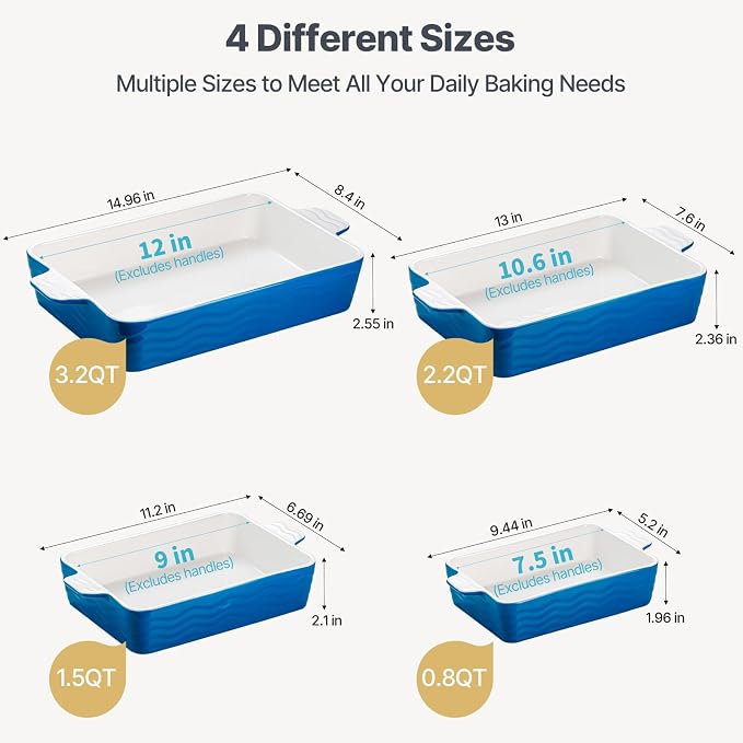 Estmoon Ceramic Baking Pan with Handles, Porcelain Baking Pans Set of 4, Oven Safe and Durable Baking Dishes Rectangular Baking Sheets for Wedding Gifts, Cooking, Blue(7.5''/9"/10.6"/12")