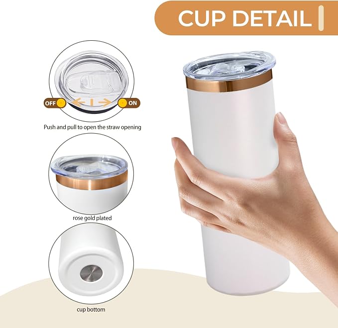 YOUKE OLA 16 Pack Rose Gold Plated Stainless Steel Tumbler Straight Double Wall Powder Coated for Laser Engrave, 20oz White to Bronze