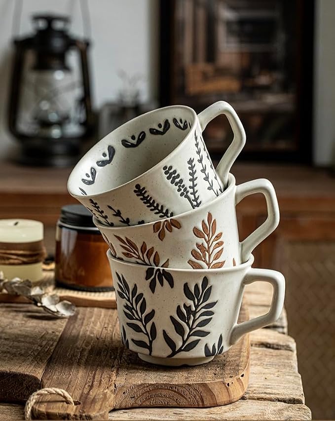 12OZ Stackable Coffee Mugs, Ceramic Coffee Mugs with Grass leaf pattern for Man,Woman,Dad,Mom, Modern Coffee Mugs Set of 2 for Latte,Cappuccino,Cocoa. Dishwasher&Microwave Safe(Leaf)