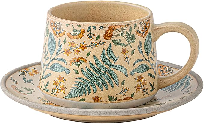 Ceramic Coffee Latte Mug and Saucer Set Cute Cup with Saucer for Women Ideal for Green Tea or Coffee Hand Painted Floral Design Pottery Set（Summer’s Whisper）