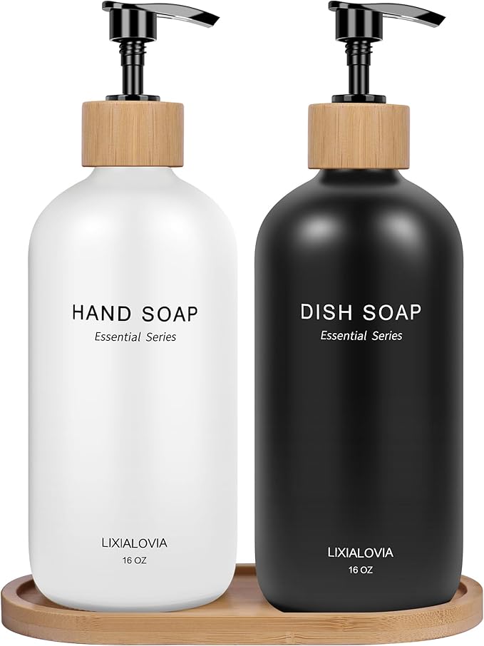 Dish and Hand Soap Dispenser Set with Tray, 16OZ Refillable Glass Bottles and Wood Pump, Double Bottle Countertop Organizer for Kitchen and Bathroom (White/Black)