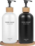Dish and Hand Soap Dispenser Set with Tray, 16OZ Refillable Glass Bottles and Wood Pump, Double Bottle Countertop Organizer for Kitchen and Bathroom (White/Black)