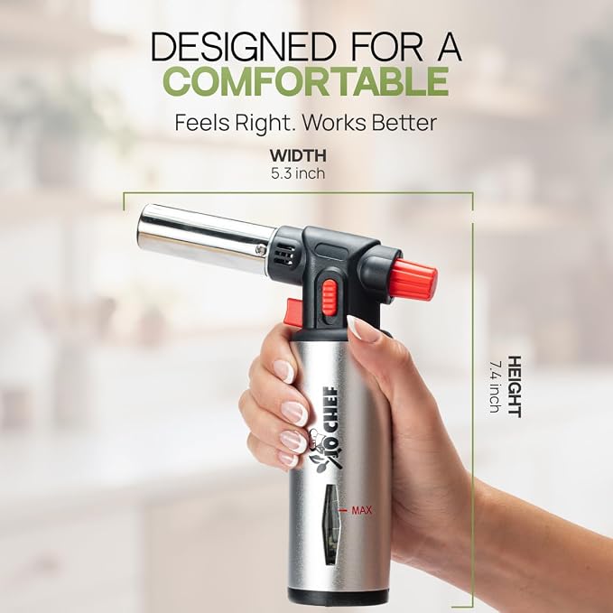 Jo Chef Kitchen Torch with Butane Included – Refillable Lighter with Safety Lock & Adjustable Flame, Blow Culinary Torch for Cooking, BBQ, Creme Brulee, DIY and Soldering - 5 Cans (3.38oz) Included