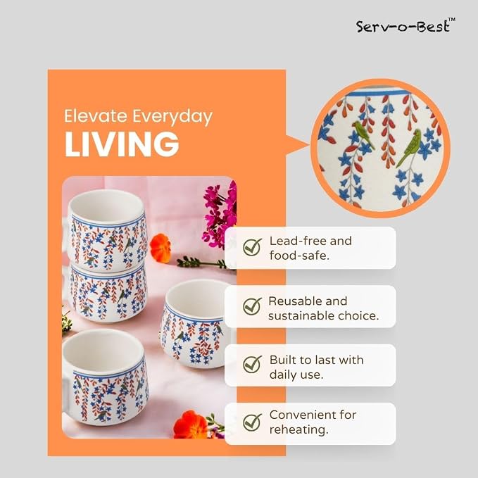 Servo Best Handmade Cermaic Tea Cup Set of 4-5 Oz Small Cups for Espresso, Cappuccino, Tea, Chai – Dishwasher & Microwave Safe – Gift Set for Coffee Lovers, Kitchen, Home, Office - Floral Print