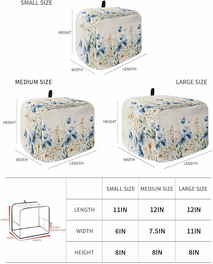 Blue Flowers Rustic Toaster Cover 2 Slice, Spring Vintage Botanical Dustproof Bakeware Oven Protector with Top Hook, Floral Beige Waterproof Small Kitchen Appliance Toasters Dust Cover, 12"x7.5"x8"